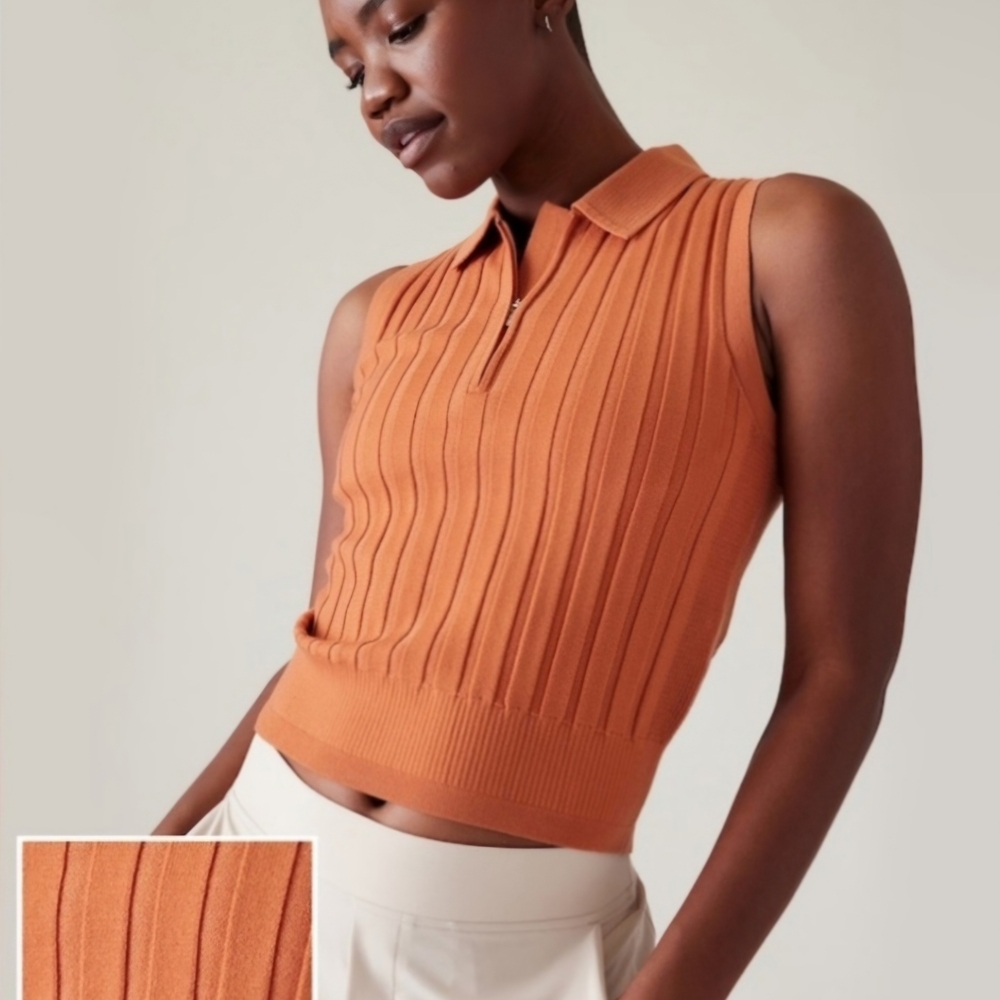 ATHLETA Fairway Polo Sweater Ribbed Knit Top - Sunbaked Clay